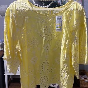 Yellow and white eyelet top with butterfly sleeves